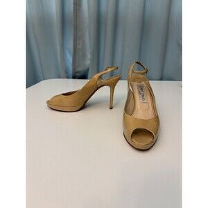 Jimmy Choo Heels Womens 39.5 Gold Glossy Leather Peep Toe‎ Stiletto Platform